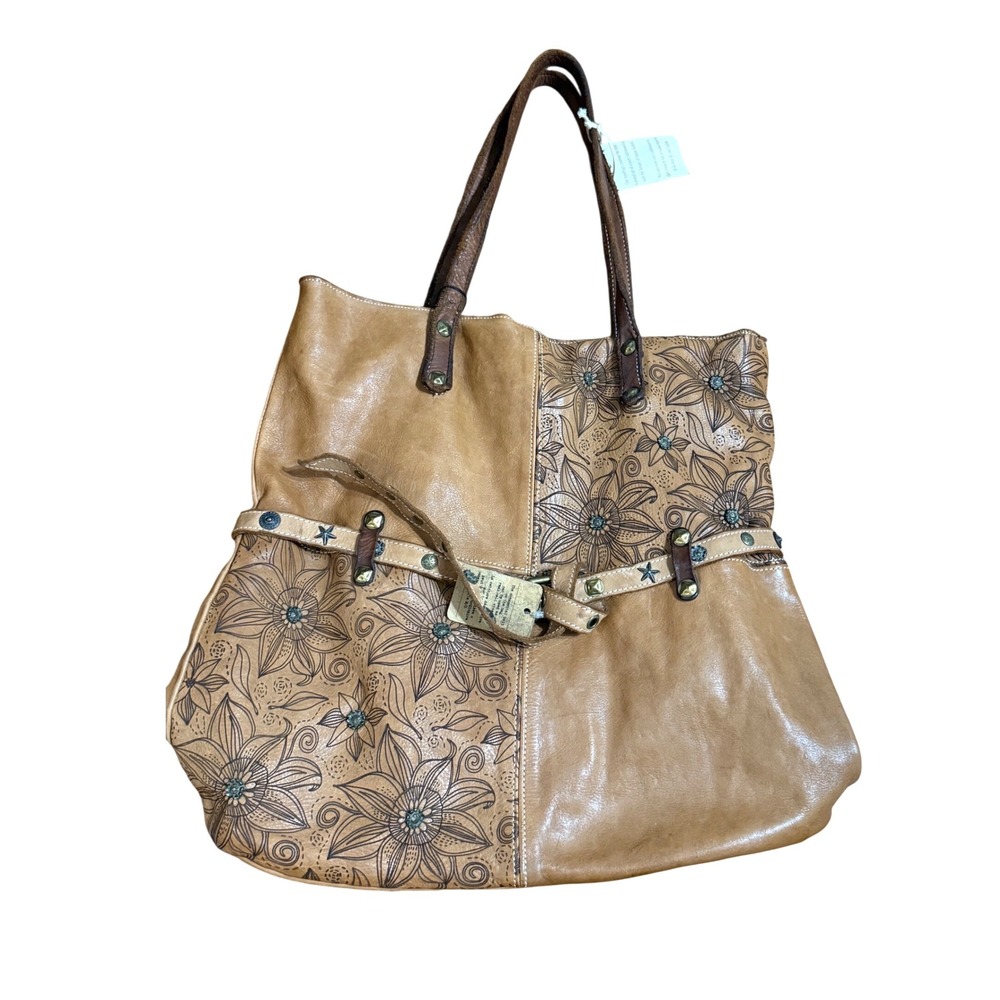 Costanza Rota Italian Leather Tote NEW Floral Embossed Panels Boho Large Bag via - Picture 4 of 15